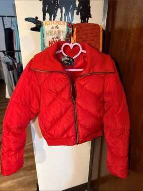 Mila & Tiff Bold Red Quilted Cropped Puffer